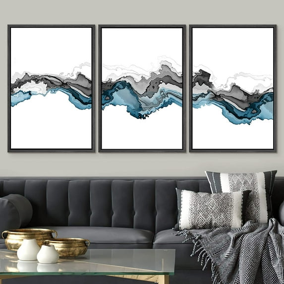 PixonSign Framed Wall Art Set Pastel Black Blue Smoke Wave Landscape Abstract Canvas Print Nature Wilderness Multicolor Modern Art Decor Scenic Relax/Calm for Bedroom - 16"x24"x3 Panels Black