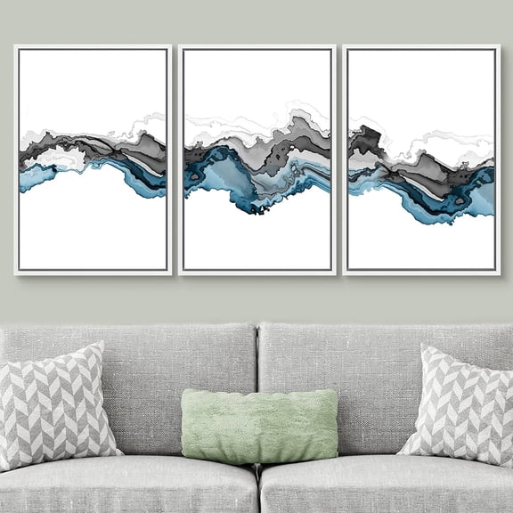 PixonSign Framed Wall Art Set Pastel Black Blue Smoke Wave Landscape Abstract Canvas Print Nature Wilderness Multicolor Modern Art Decor Scenic Relax/Calm for Bedroom - 16"x24"x3 Panels White