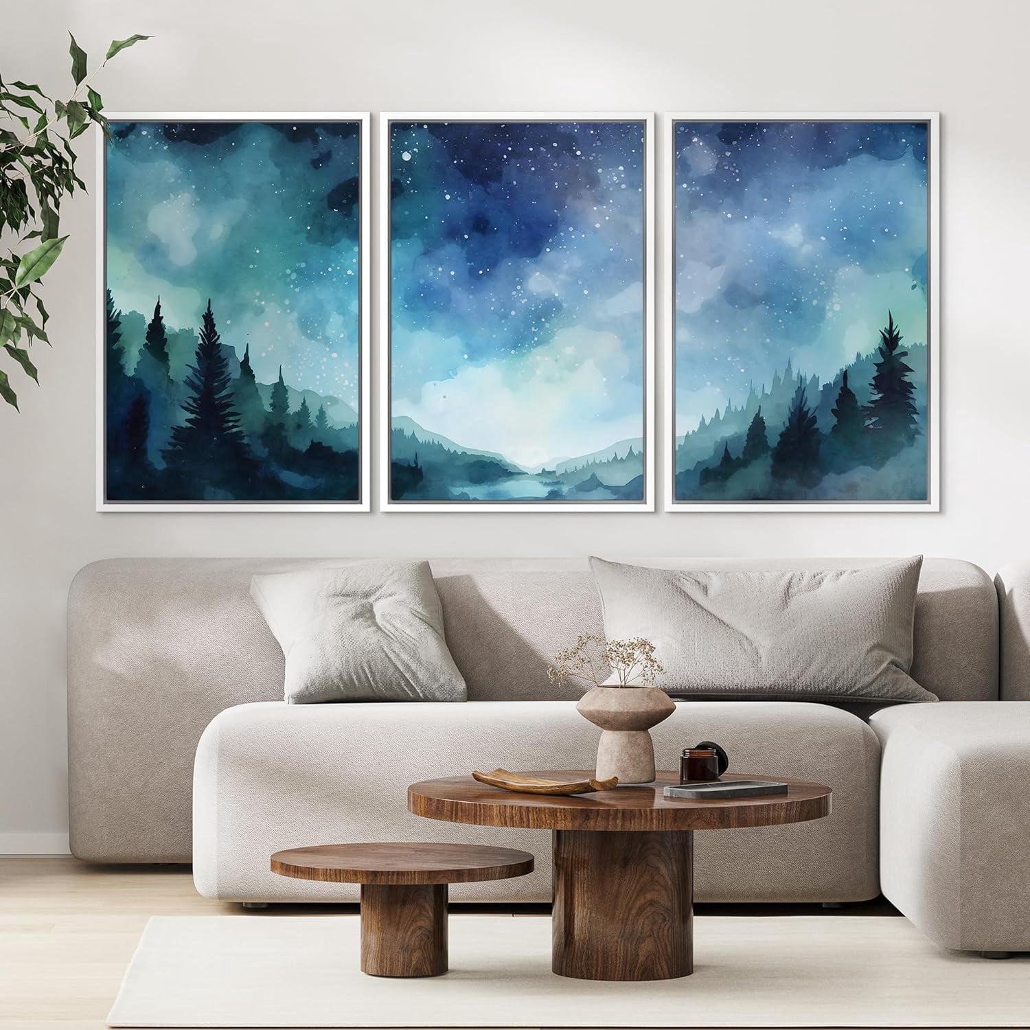 PixonSign Framed Wall Art Set Pastel Blue Star Sky Forest Pine Tree ...