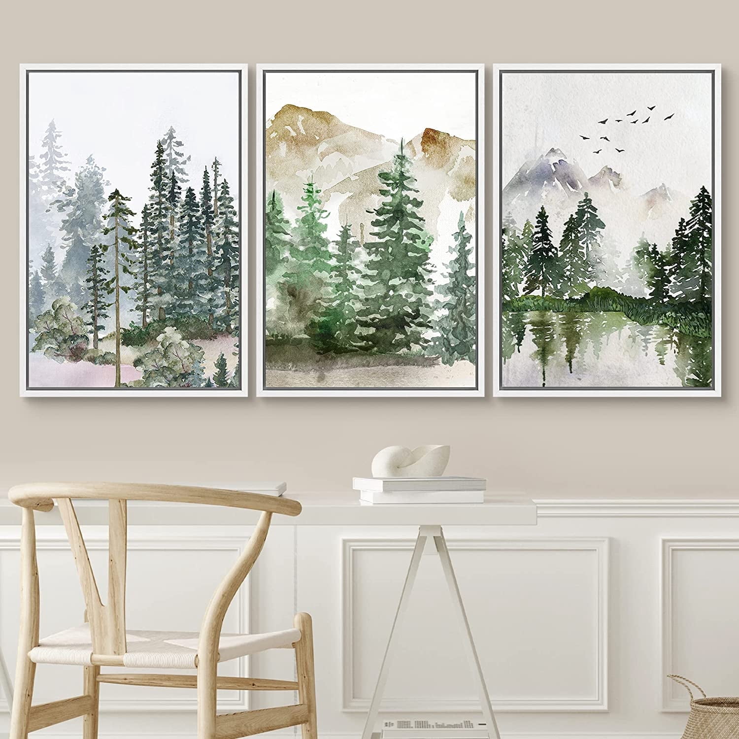 PixonSign Framed Wall Art Set Pastel Mountain Range Forest Mist ...