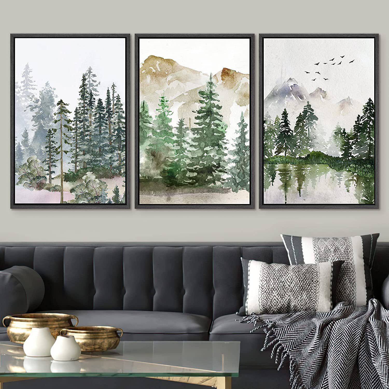 PixonSign Framed Wall Art Set Pastel Mountain Range Forest Mist ...