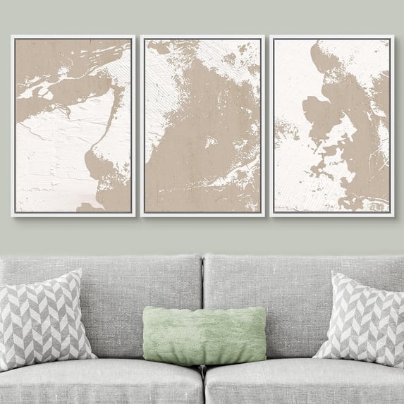 PixonSign Framed Wall Art Set Pastel Tan Pain Stroke Variety Abstract Shapes Illustrations Modern Art Panels Rustic Scenic Relax/Calm for Living Room, Bedroom, Office - 16"x24"x3 White