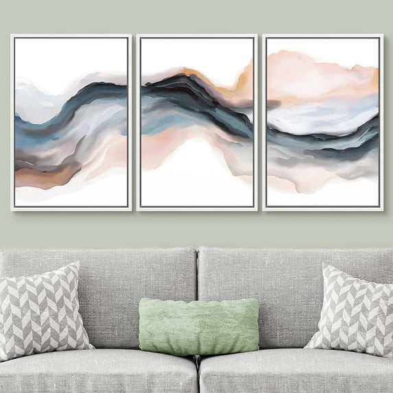 PixonSign Framed Wall Art Set Pastel Watercolor Blue Brown Ink Wave Smoke Landscape Abstract Canvas Print Nature Wilderness Modern Art Decor Scenic Relax/Calm for Bedroom - 16"x24"x3 Panels White