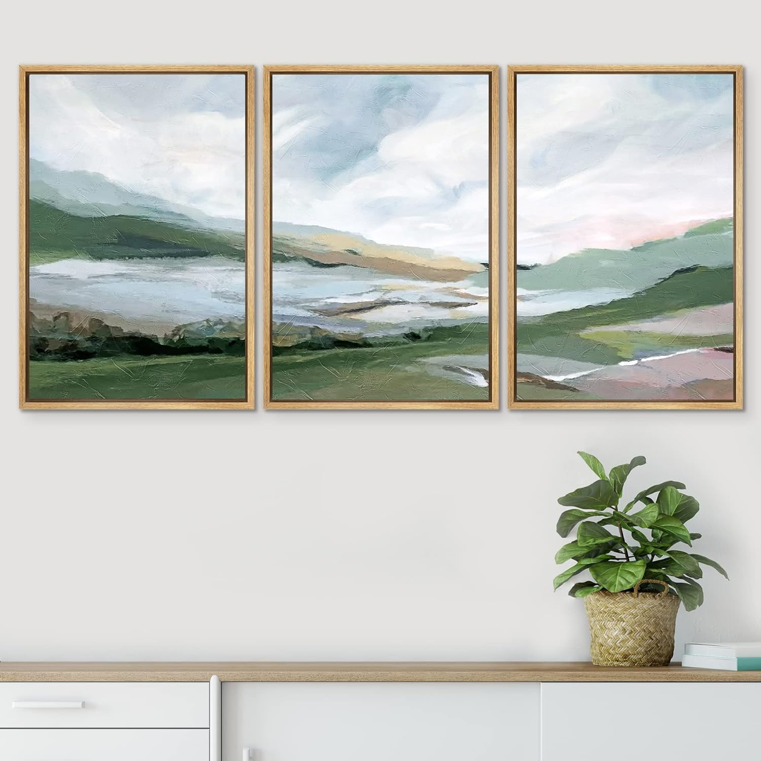 PixonSign Framed Wall Art Set Pastel Watercolor Blue Cloud Sky Mountain ...