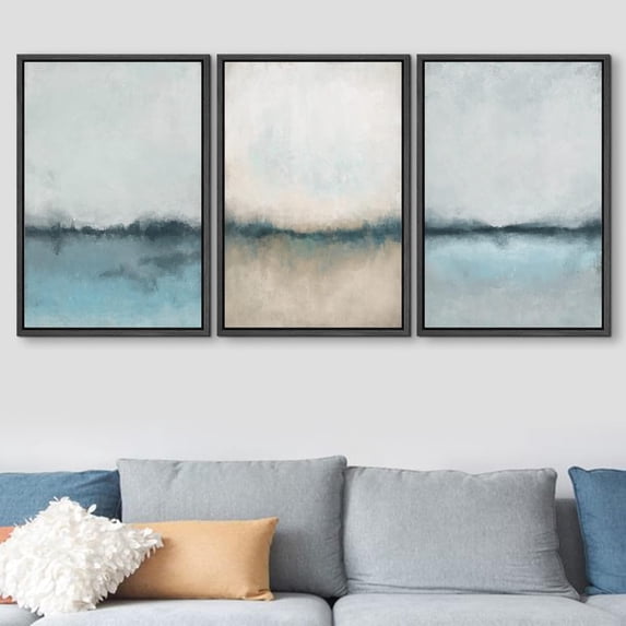 PixonSign Framed Wall Art Set Pastel Watercolor Blue Grunge Landscapes Abstract Nature Wilderness Modern Art Decorative Minimal Relax/Calm for Living Room, Bedroom, Office - 16"x24"x3 Black