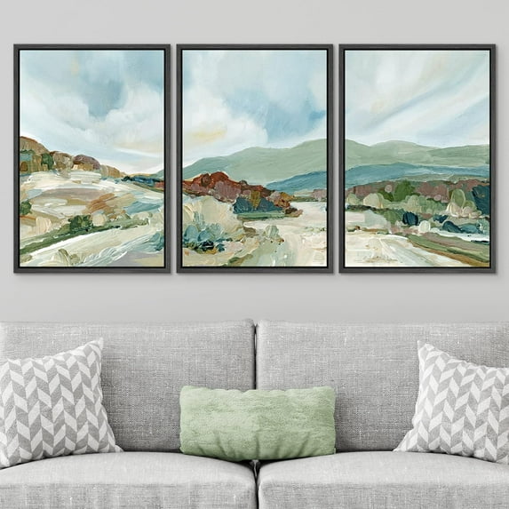 PixonSign Framed Wall Art Set Pastel Watercolor Blue Sky Mountain Range Landscape Canvas Print Nature Wilderness Modern Art Decorative Scenic Relax/Calm for Bedroom - 16"x24"x3 Panels Black