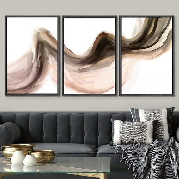 PixonSign Framed Wall Art Set Pastel Watercolor Brown Black Paint Stroke Landscape Abstract Canvas Print Nature Wilderness Modern Art Decor Scenic Relax/Calm for Bedroom - 24"x36"x3 Panels Black