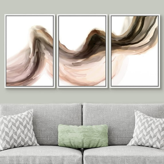 PixonSign Framed Wall Art Set Pastel Watercolor Brown Black Paint Stroke Landscape Abstract Canvas Print Nature Wilderness Modern Art Decor Scenic Relax/Calm for Bedroom - 24"x36"x3 Panels White