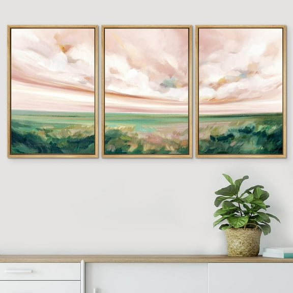 PixonSign Framed Wall Art Set Pastel Watercolor Pink Cloud Sky Green Countryside Hill Canvas Print Nature Wilderness Modern Art Decor Scenic Relax/Calm for Bedroom - 24"x36"x3 Panels Natural