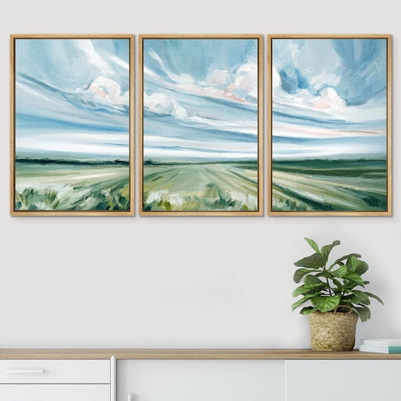 PixonSign Framed Wall Art Set Pastel Watercolor Sky Countryside Farmland Landscape Canvas Print Nature Wilderness Modern Art Decor Scenic Relax/Calm for Bedroom - 16"x24"x3 Panels Natural