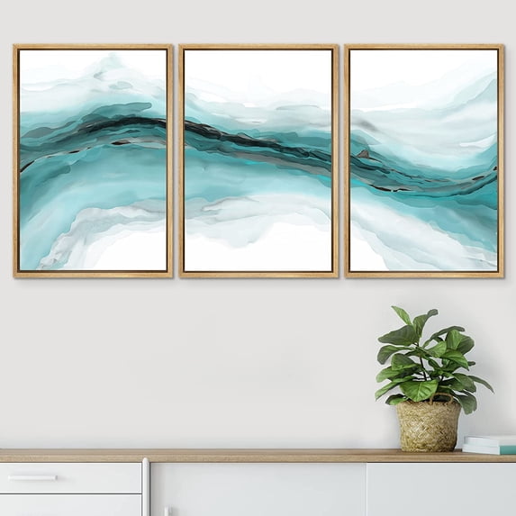 PixonSign Framed Wall Art Set Pastel Watercolor Vibrant Teal Paint Stroke Landscape Canvas Print Nature Wilderness Modern Art Decorative Scenic Relax/Calm for Bedroom - 24"x36"x3 Panels Natural