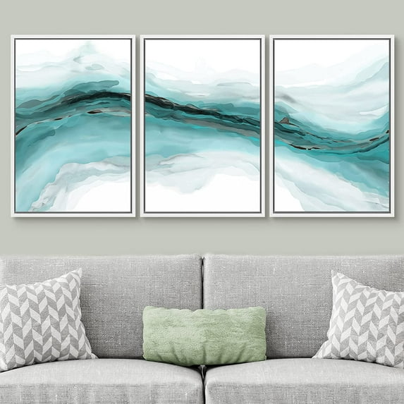 PixonSign Framed Wall Art Set Pastel Watercolor Vibrant Teal Paint Stroke Landscape Canvas Print Nature Wilderness Modern Art Decorative Scenic Relax/Calm for Bedroom - 16"x24"x3 Panels White