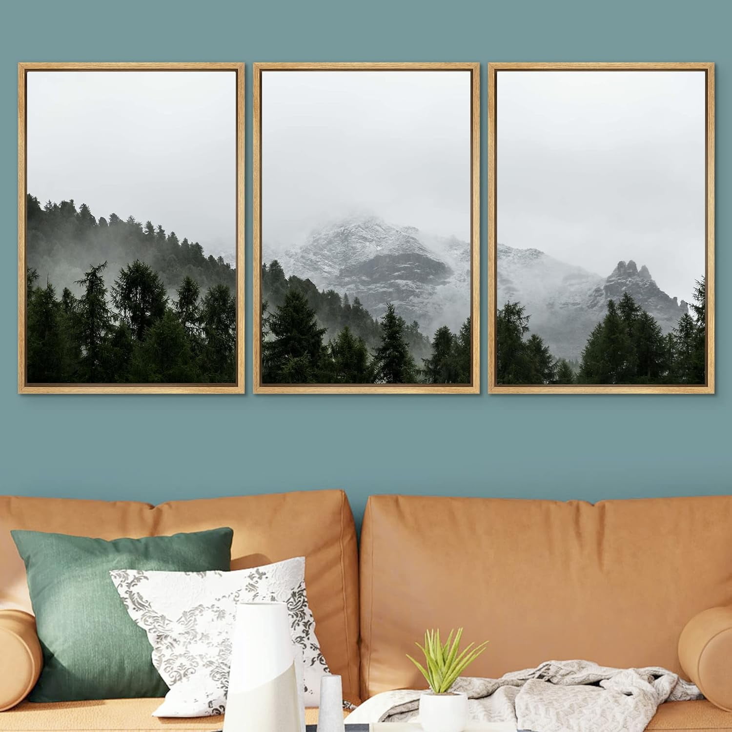 PixonSign Framed Wall Art Set Pine Forest & Foggy Mountains Landscape ...