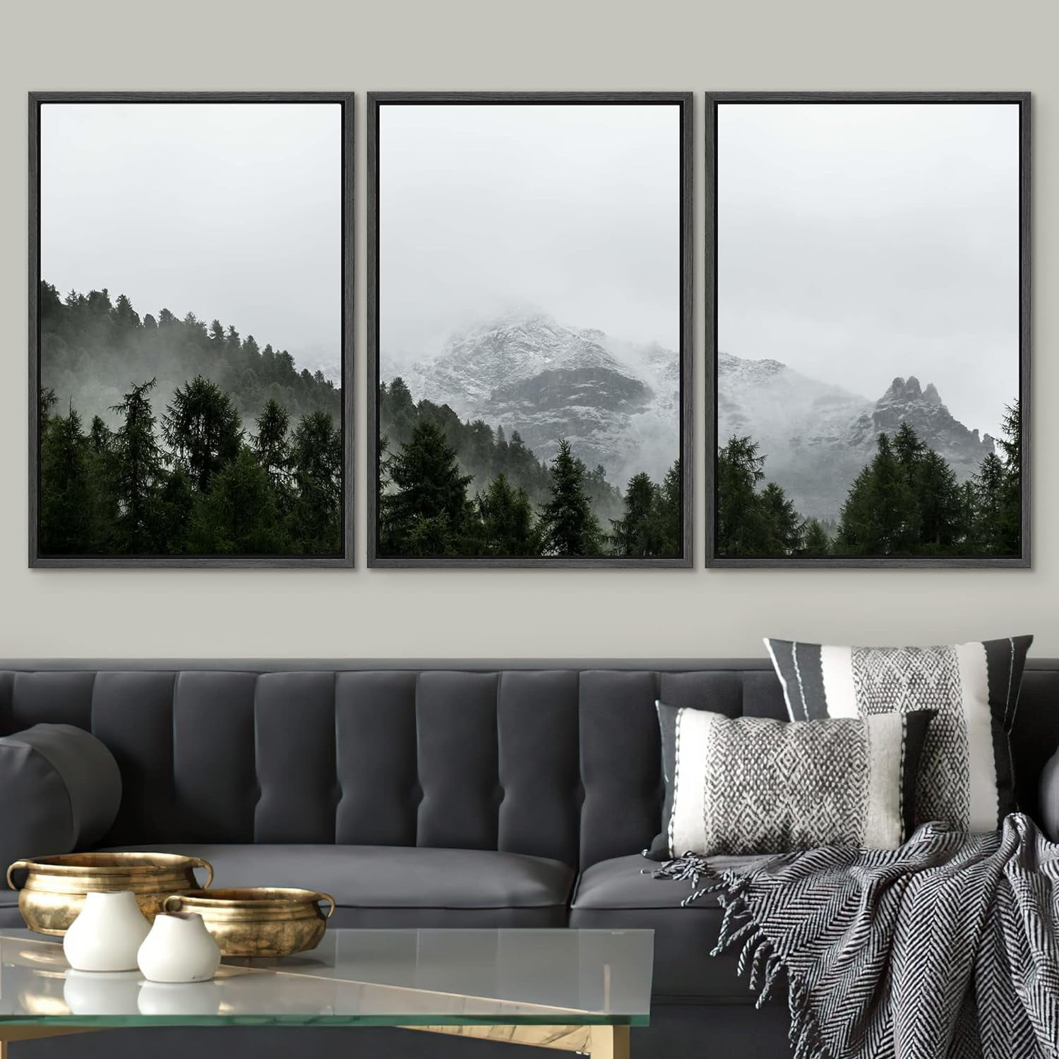 PixonSign Framed Wall Art Set Pine Forest & Foggy Mountains Landscape ...