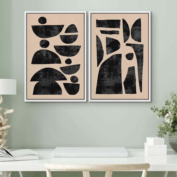 PixonSign Framed Wall Art Set Retro Geometric Mid-Century Semi-Circle Polygons Variety Abstract Shapes Canvas Prints Cozy Neutral Minimal Decorative Bohemian for Home Decoration - 16"x24"x2 White