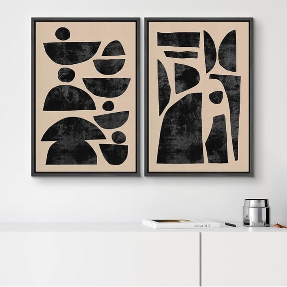 PixonSign Framed Wall Art Set Retro Geometric Mid-Century Semi-Circle Polygons Variety Abstract Shapes Canvas Prints Cozy Neutral Minimal Decorative Bohemian for Home Decoration - 16"x24"x2 Black