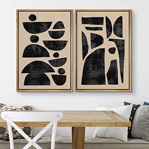 PixonSign Framed Wall Art Set Retro Geometric Mid-Century Semi-Circle Polygons Variety Abstract Shapes Canvas Prints Cozy Neutral Minimal Decorative Bohemian for Home Decoration - 16"x24"x2 Natural