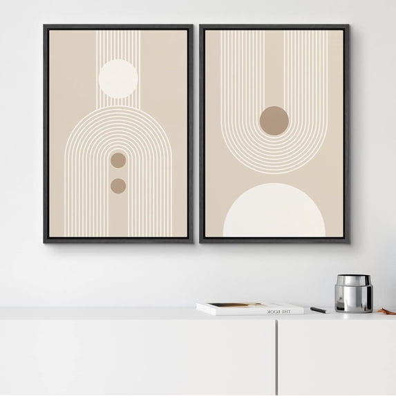 PixonSign Framed Wall Art Set Retro Nordic Mid Century Geometric Pattern Abstract Shapes Canvas Prints Cozy Neutral Minimal Decorative Zen Bohemian for Home Decoration - 16"x24"x2 Black