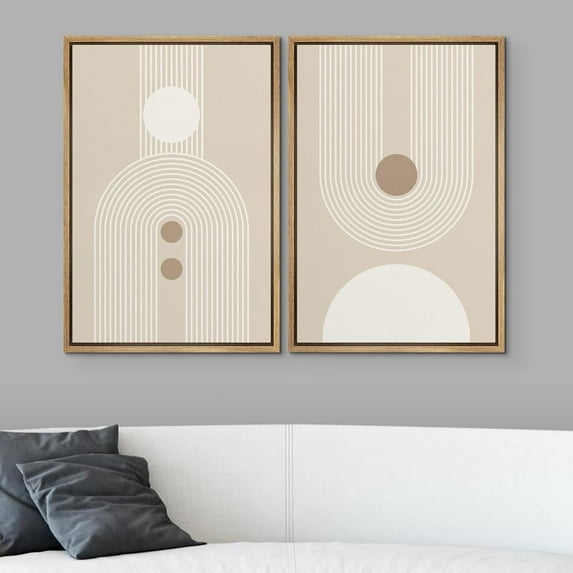 PixonSign Framed Wall Art Set Retro Nordic Mid Century Geometric Pattern Abstract Shapes Canvas Prints Cozy Neutral Minimal Decorative Zen Bohemian for Home Decoration - 24"x36"x2 Natural