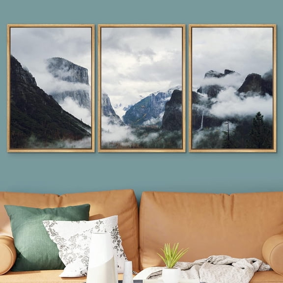 PixonSign Framed Wall Art Set Shrouded In Mist & Foggy Mountains Landscape Photography Rustic Artwork Neutral Minimalism Contemporary Modern Prints for Home Decor - 24"x36"x3 Panels Natural