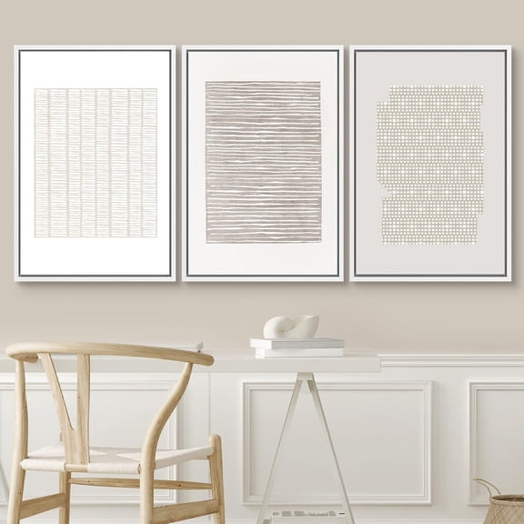 PixonSign Framed Wall Art Set Tan Geometric Pattern Landscape Canvas Print Abstract Cozy Neutral Boho Wall Decor Modern Art Nordic for Living Room, Bedroom, Office - 24"x36"x3 White