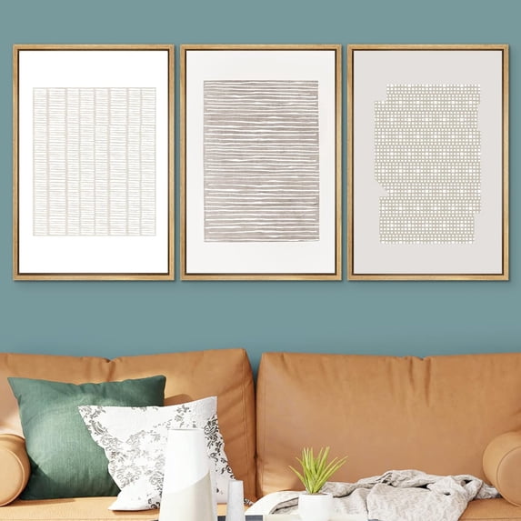 PixonSign Framed Wall Art Set Tan Geometric Pattern Landscape Canvas Print Abstract Cozy Neutral Boho Wall Decor Modern Art Nordic for Living Room, Bedroom, Office - 24"x36"x3 Natural