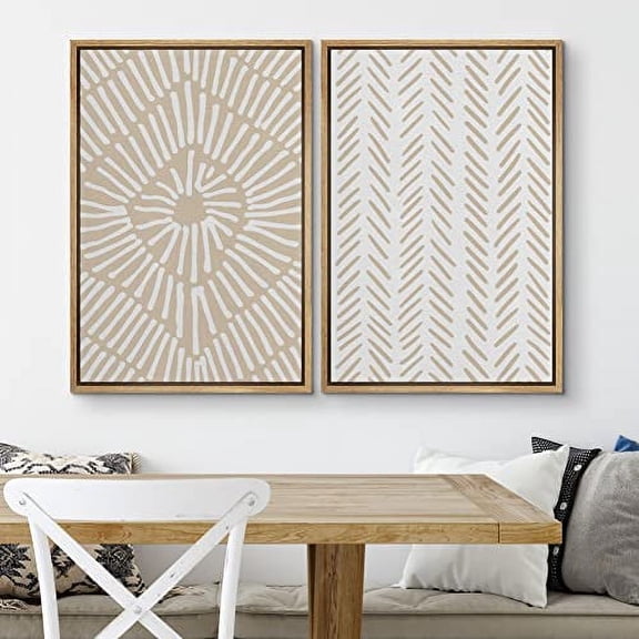PixonSign Framed Wall Art Set Tan White Tropical Geometric Collage Abstract Shapes Canvas Prints Cozy Neutral Minimal Decorative Nordic Zen Bohemian for Home Decoration - 16"x24"x2 Natural