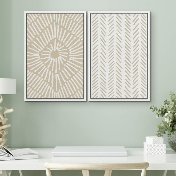 PixonSign Framed Wall Art Set Tan White Tropical Geometric Collage Abstract Shapes Canvas Prints Cozy Neutral Minimal Decorative Nordic Zen Bohemian for Home Decoration - 16"x24"x2 White