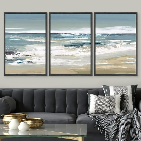 PixonSign Framed Wall Art Set Teal Sky Ocean Wave Beach Shore Nature Wilderness Illustrations Art Decor Chic Scenic Modern Art for Living Room, Bedroom, Office - 16"x24"x3 Black