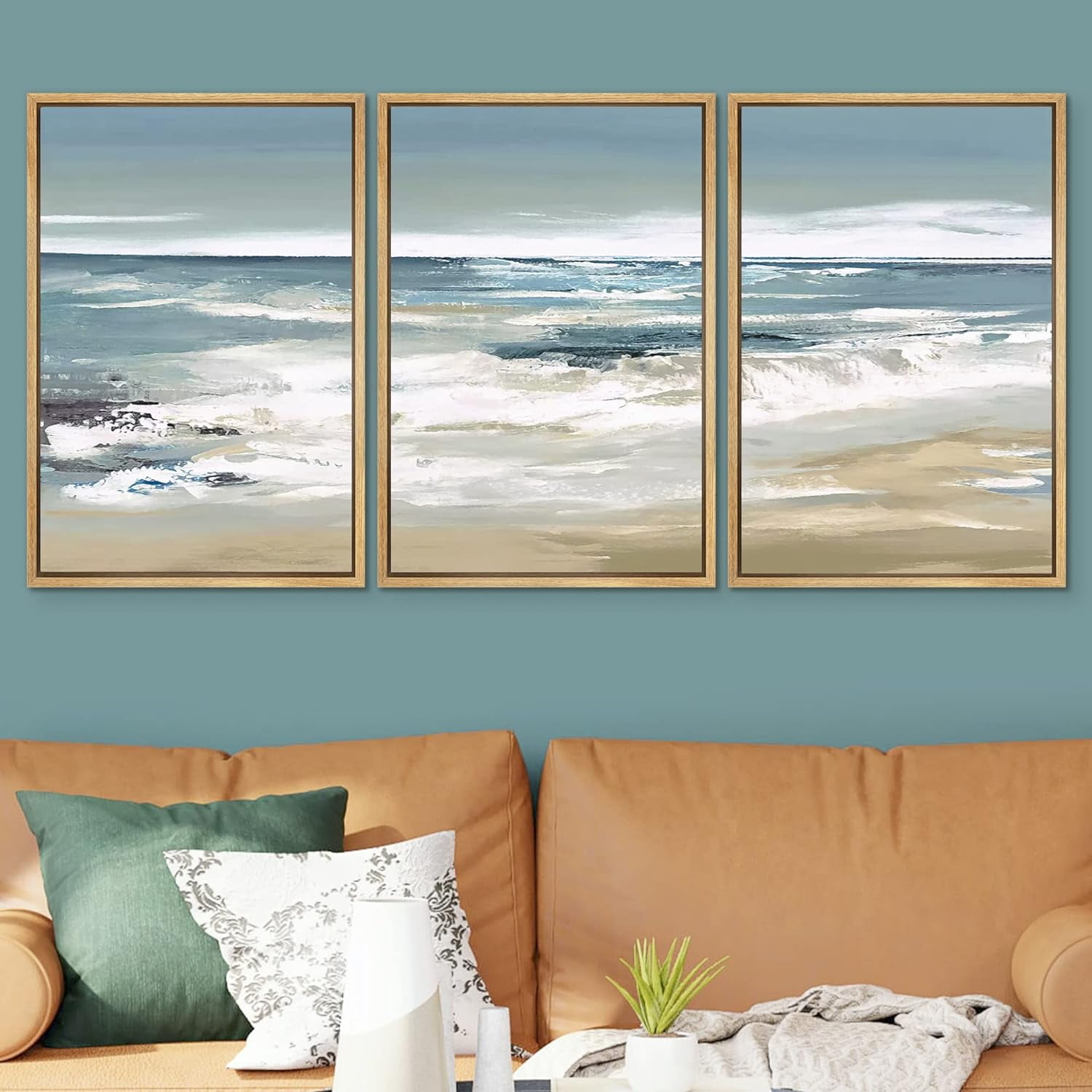 PixonSign Framed Wall Art Set Teal Sky Ocean Wave Beach Shore Nature ...