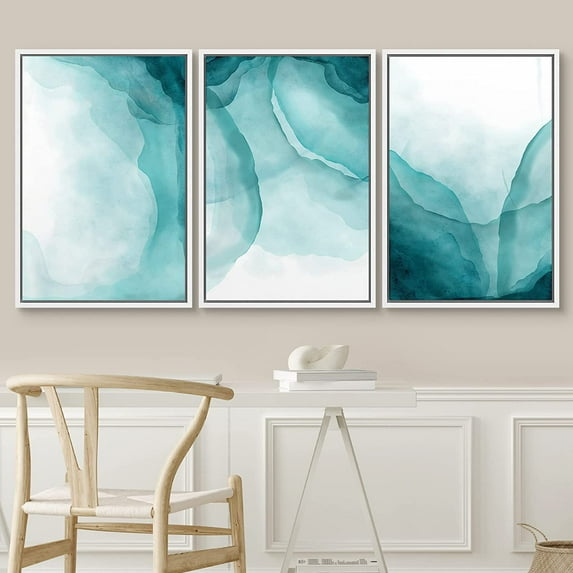PixonSign Framed Wall Art Set Vibrant Teal Pastel Paint Stroke Landscape Gradient Color Abstract Canvas Print Modern Art Decoration for Living Room, Bedroom, Office -24"x36"x3 Panels White