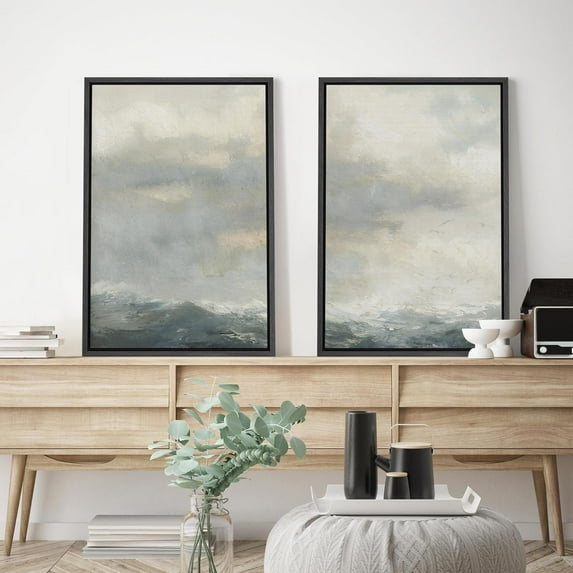 PixonSign Framed Wall Art Set Watercolor Abstract Ocean Landscape Canvas Prints Abstract Pastel Coastal Modern Art Decoration Minimalist for Living Room, Bedroom, Office - 16"x24"x2 Black
