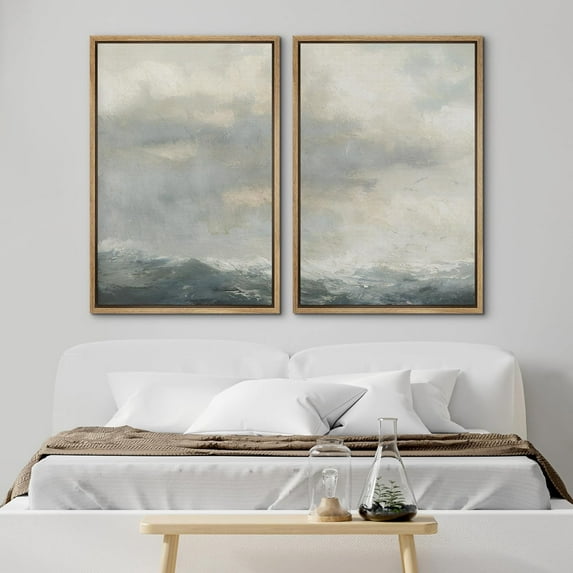 PixonSign Framed Wall Art Set Watercolor Abstract Ocean Landscape Canvas Prints Abstract Pastel Coastal Modern Art Decoration Minimalist for Living Room, Bedroom, Office - 16"x24"x2 Natural