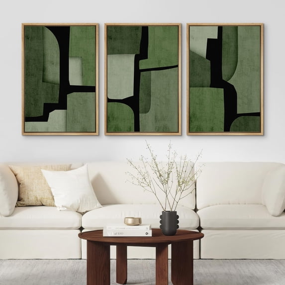 PixonSign Framed Wall Art Set Watercolor Black & Green Geometric Block Abstract Modern Art Decor Bohemian Pastel Pieces of Puzzle Prints for Living Room, Bedroom, Office - 16"x24"x3 Natural