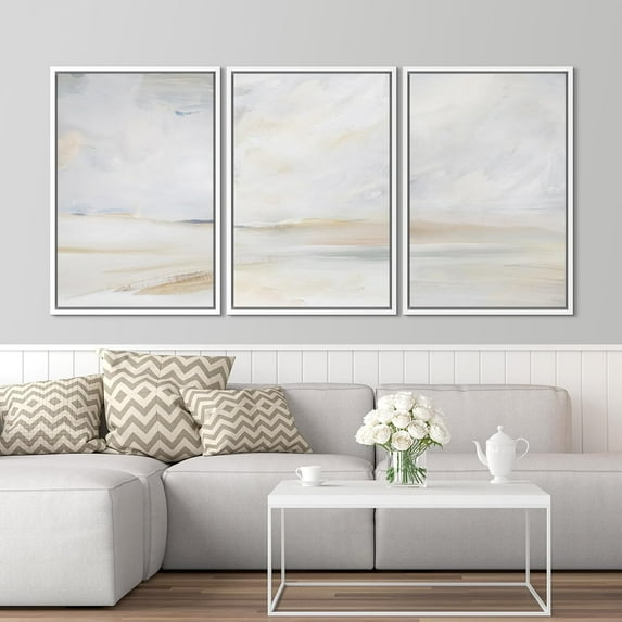 PixonSign Framed Wall Art Set Watercolor Pastel Misty Sand Dune Landscape Nature Wilderness Scenic Modern Art Decor Minimalist Relax/Calm for Living Room, Bedroom, Office - 24"x36"x3 White
