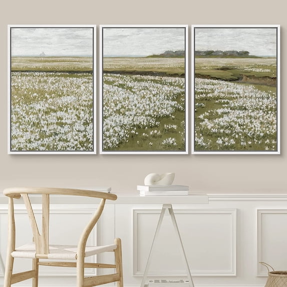 PixonSign Framed Wall Art Set White Daisy Flower Country Farm Field Nature Wilderness Modern Artwork Watercolor Landscape Decor Chic for Living Room, Bedroom, Office - 24"x36"x3 Panels White