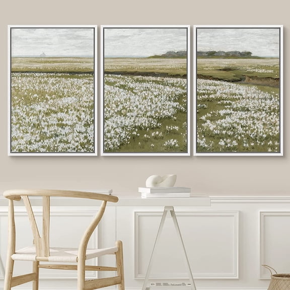 PixonSign Framed Wall Art Set White Daisy Flower Country Farm Field Nature Wilderness Modern Artwork Watercolor Landscape Decor Chic for Living Room, Bedroom, Office - 16"x24"x3 Panels White