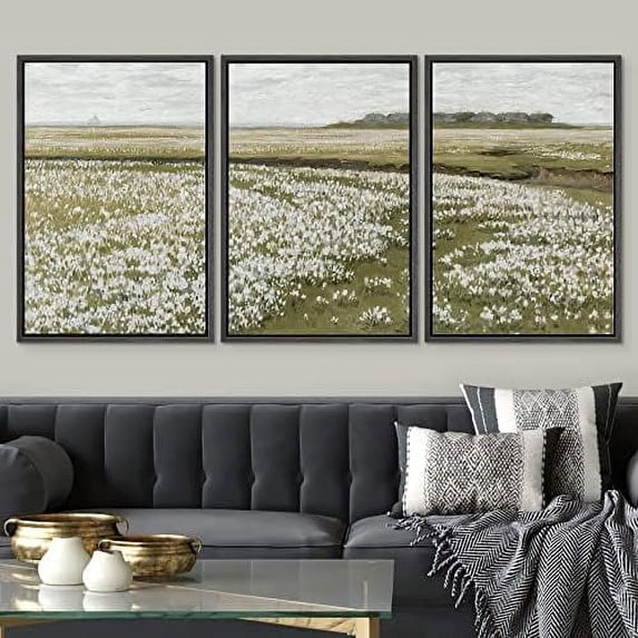 PixonSign Framed Wall Art Set White Daisy Flower Country Farm Field Nature Wilderness Modern Artwork Watercolor Landscape Decor Chic for Living Room, Bedroom, Office - 24"x36"x3 Panels Black
