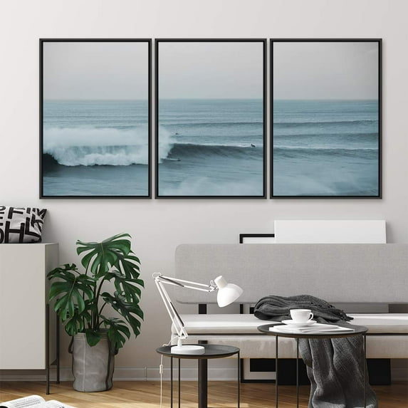 PixonSign Framed Wall Art Set Wide Angle Rushing Ocean Waves and Surfers Nature Wilderness Photography Modern Chic Scenic Modern Art for Living Room, Bedroom, Office - 24"x36"x3 Black