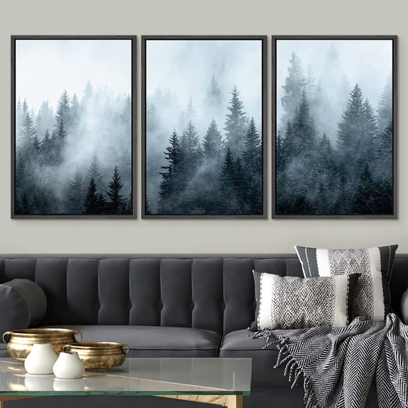 PixonSign Framed Wall Art Set Winter Fog Mist Pine Tree Mountain Forest Nature Wilderness Modern Art Photography Landscape Decor Rustic Calm/Zen for Living Room, Office - 16"x24"x3 Panels Black