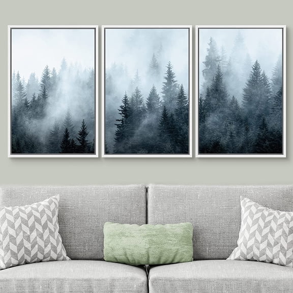 PixonSign Framed Wall Art Set Winter Fog Mist Pine Tree Mountain Forest Nature Wilderness Modern Art Photography Landscape Decor Rustic Calm/Zen for Living Room, Office - 16"x24"x3 Panels White