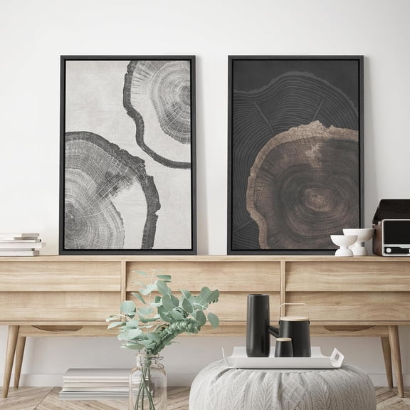 PixonSign Framed Wall Art Set Wood Tree Rings Art Nature Abstract Artwork Wilderness Farmhouse/Country Canvas Print Vintage Neutral Wall Decor for Room, Entryway - 24"x36"x2 Panels Black
