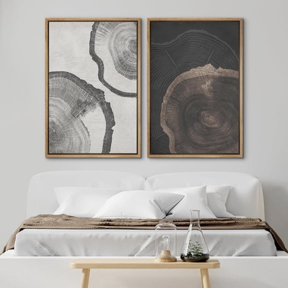 PixonSign Framed Wall Art Set Wood Tree Rings Art Nature Abstract Artwork Wilderness Farmhouse/Country Canvas Print Vintage Neutral Wall Decor for Room, Entryway - 16"x24"x2 Panels Natural