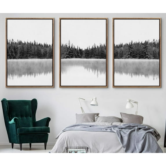PixonSign Framed Wall Art Set Woodland Nursery Decor Black and White Forest with Lake Nature Abstract Traditional Home Artwork Decoration for Living Room, Bedroom, Office - 24"x36"x3 Natural