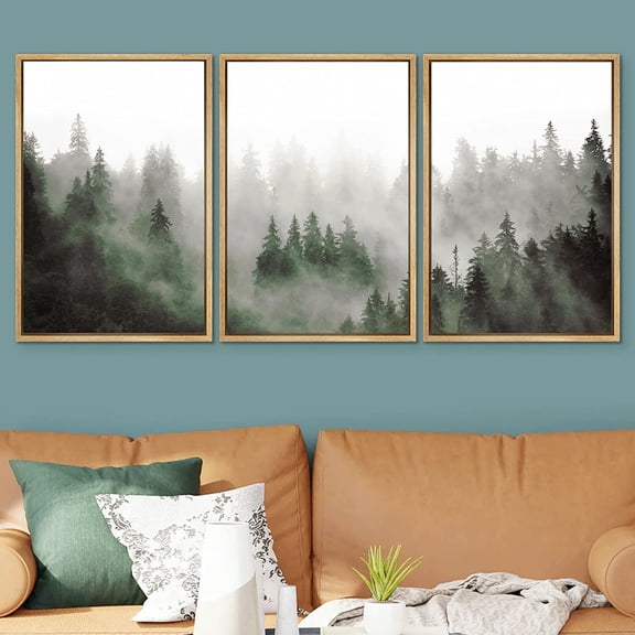 PixonSign Framed Wall Art Set Woodland Nursery Print Decor Fog & Mist Over Green Pine Tree Forest Nature Wilderness Modern Art Chic Landscape for Living Room, Office - 24"x36"x3 Panels Natural