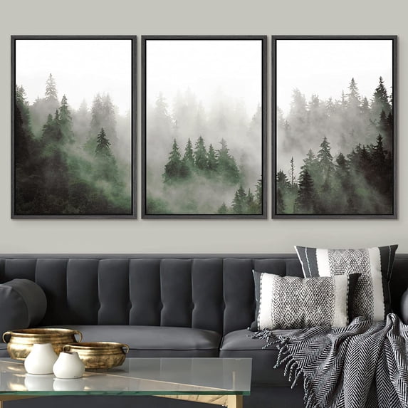 PixonSign Framed Wall Art Set Woodland Nursery Print Decor Fog & Mist Over Green Pine Tree Forest Nature Wilderness Modern Art Chic Landscape for Living Room, Office - 16"x24"x3 Panels Black