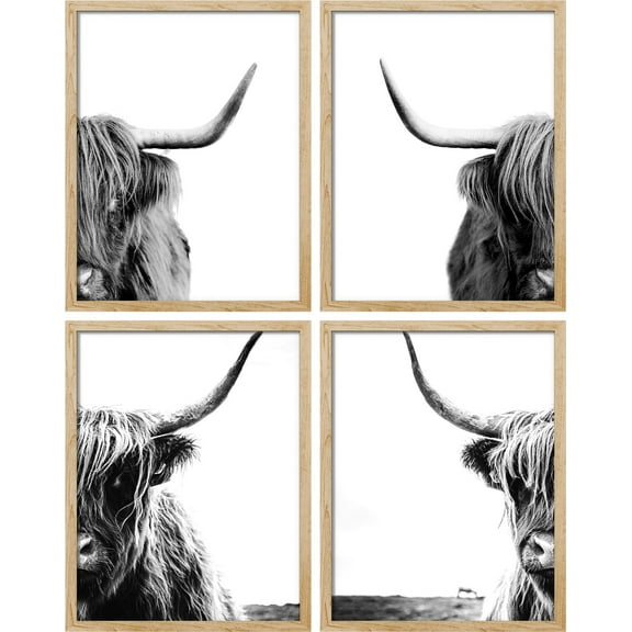 PixonSign Framed Wall Art Shetland Farm Cow Portraits Prints Western Animals Illustrations Posters, Set of 4 Black & White Nature Wilderness Canvas Prints for Home Decor - 11"x14" Natural