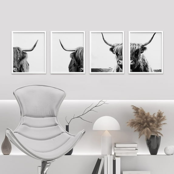PixonSign Framed Wall Art Shetland Farm Cow Portraits Prints Western Animals Illustrations Posters, Set of 4 Black & White Nature Wilderness Canvas Prints for Home Decor - 8"x10" White