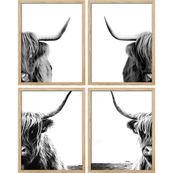 PixonSign Framed Wall Art Shetland Farm Cow Portraits Prints Western Animals Illustrations Posters, Set of 4 Black & White Nature Wilderness Canvas Prints for Home Decor - 12"x16" Natural