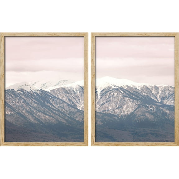 PixonSign Framed Wall Art Snowy Mountain Range Posters, Set of 2 Washed Out Duotone Pink Sky Nature Landscape Illustrations Wall Decor, Adhesive Canvas Prints for Home Decor - 11"x14" Natural